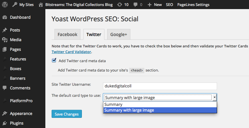 Adding Twitter Card metadata with the WordPress SEO plugin.