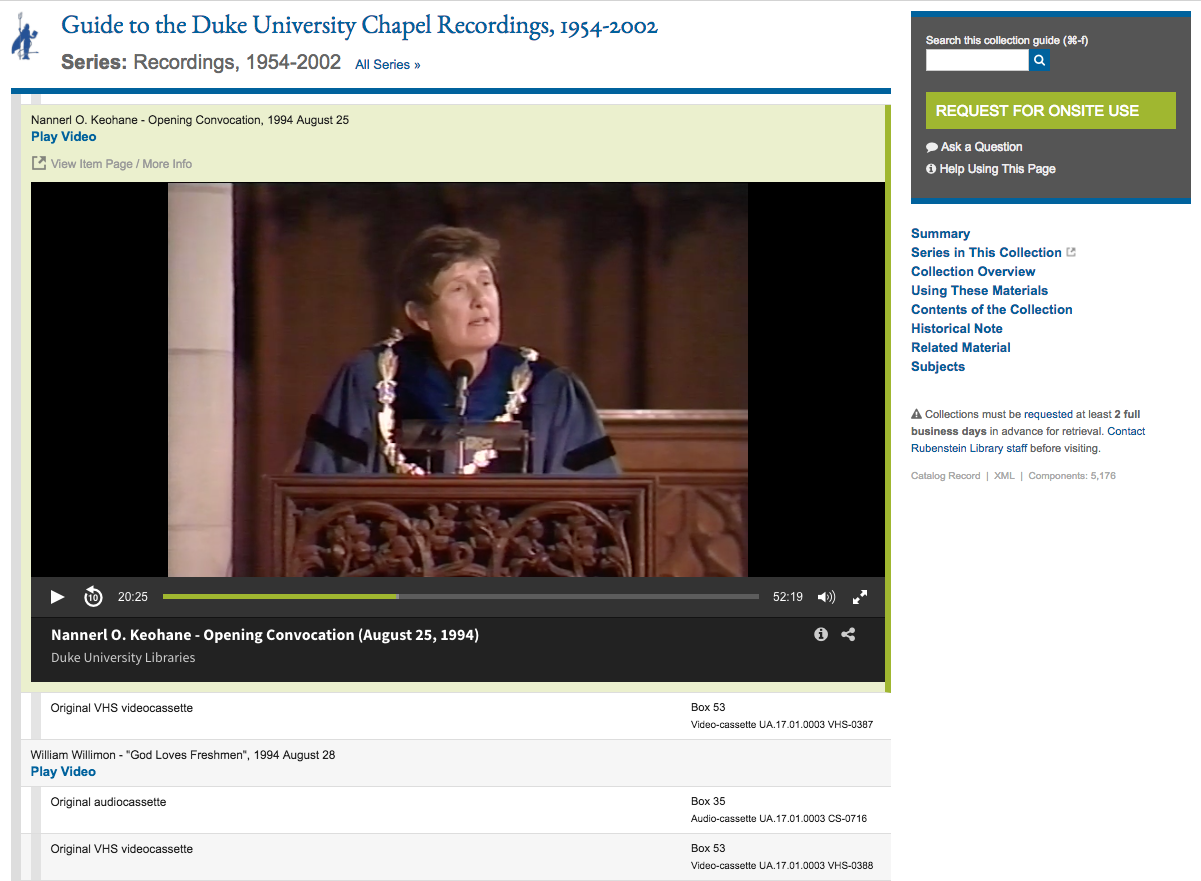 Screenshot of Rubenstein Library collection guide presenting a Duke Chapel Recordings video inline.