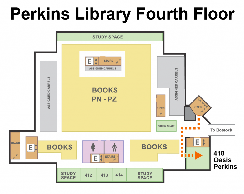 A floor plan showing the location of Oasis Perkins on the 4th Floor of Perkins Library