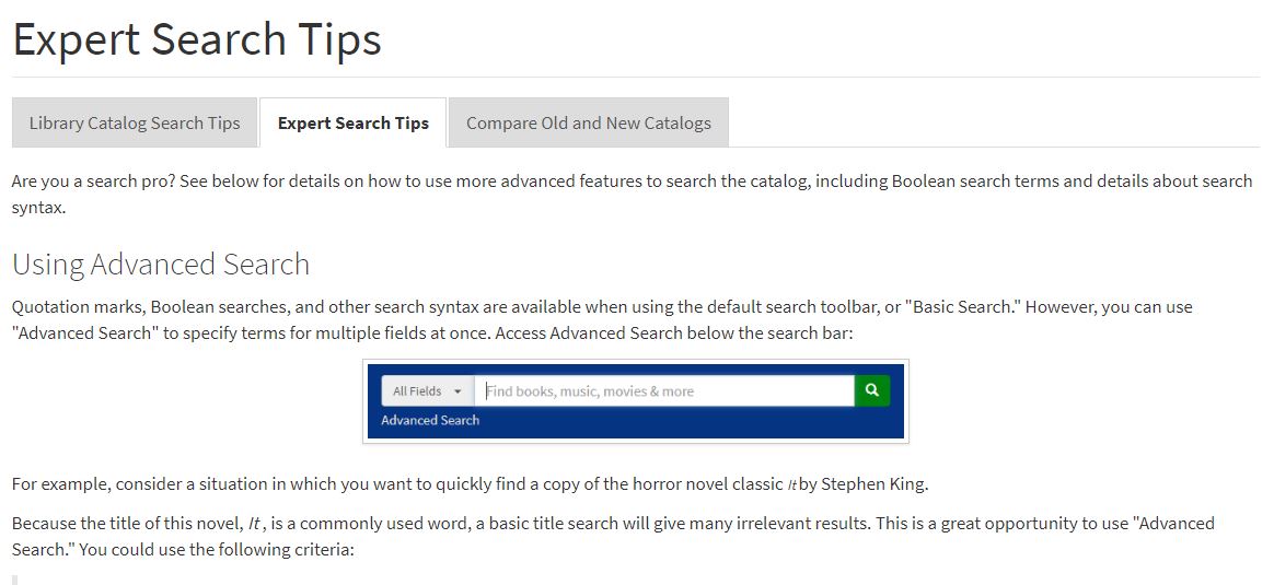 Screenshot of Search Tips webpage