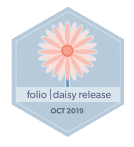 hexagon badge, image of daisy flower, words folio daisy release Oct 2019