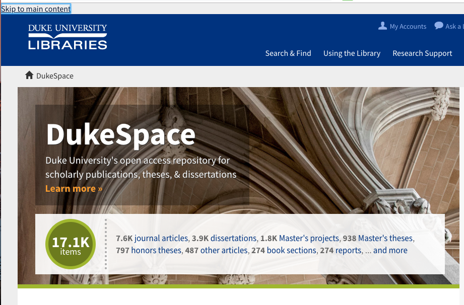 Screenshot of DukeSpace homepage showing skip to content link