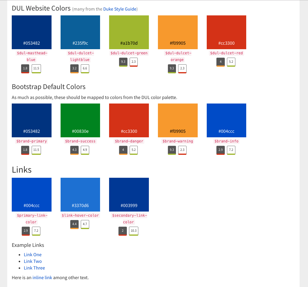Screenshot of the library catalog style guide showing a color palette.