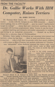 Clipping from the Chronicle of an article about Tom Gallie