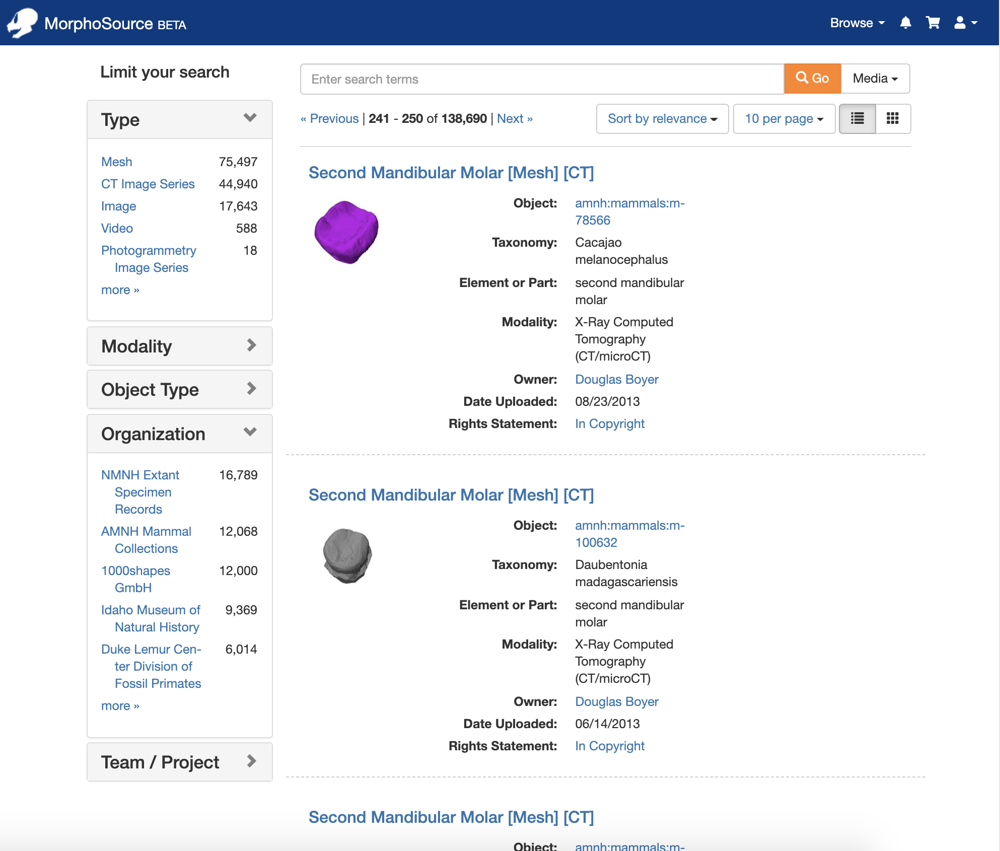 MorphoSource 2 Beta Media Search Results