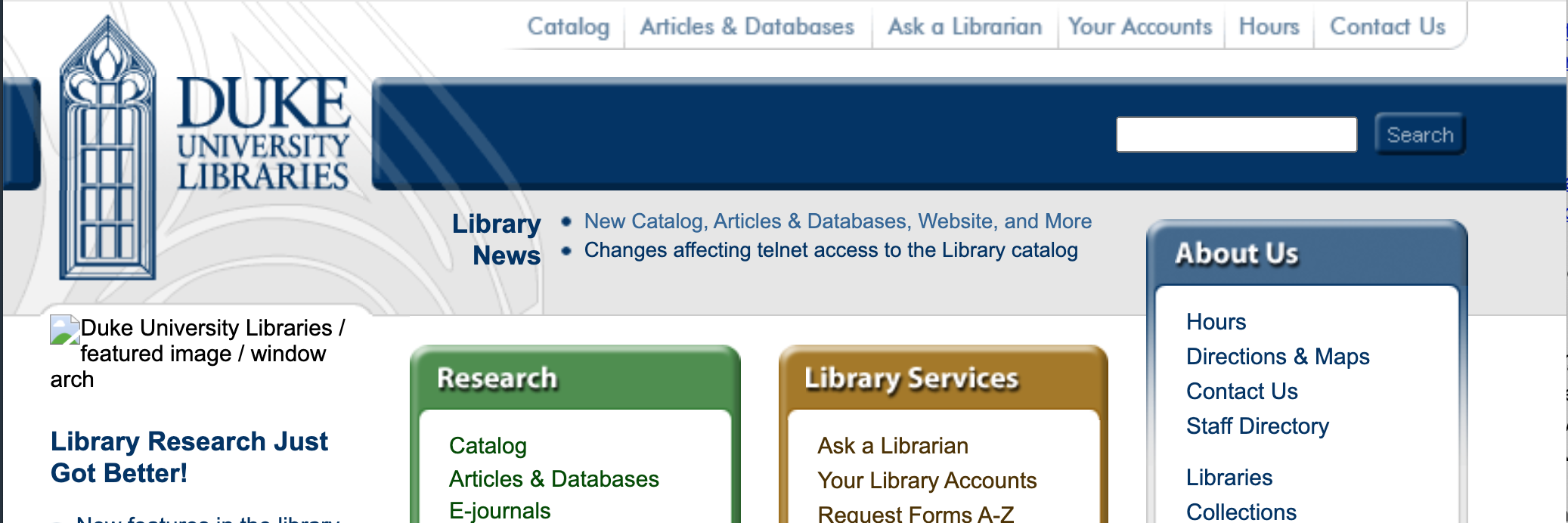 2004 version of the library website, with a Google search box in the masthead.