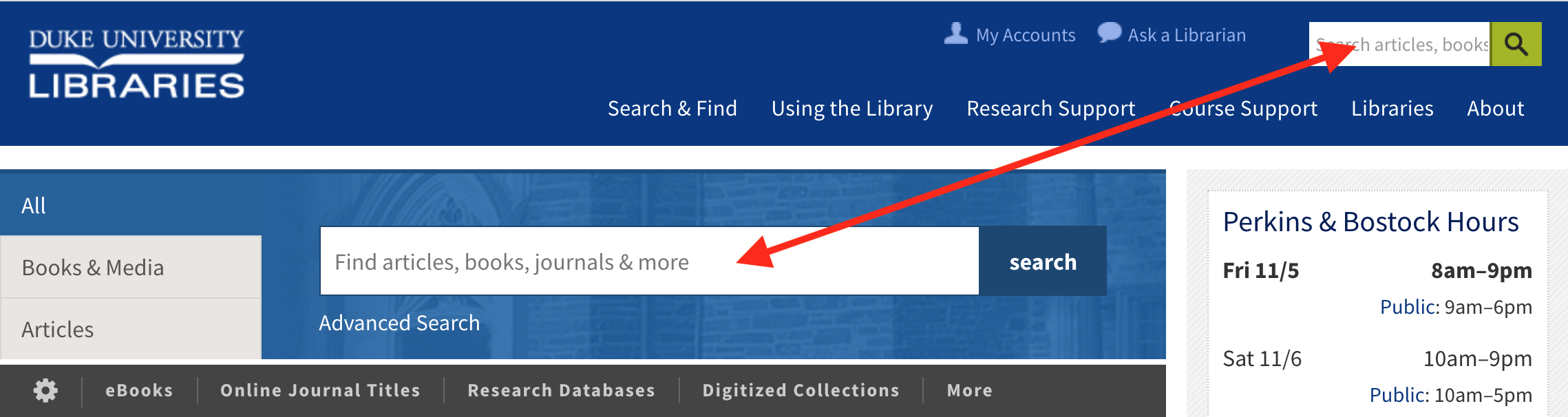 Two boxes on the library homepage will search QuickSearch.