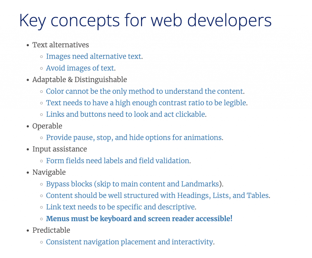 Duke Accessibility "Key concepts for web developers" page