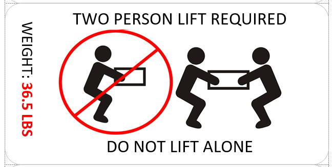 Label for a "two person lift", including the weight of the box.