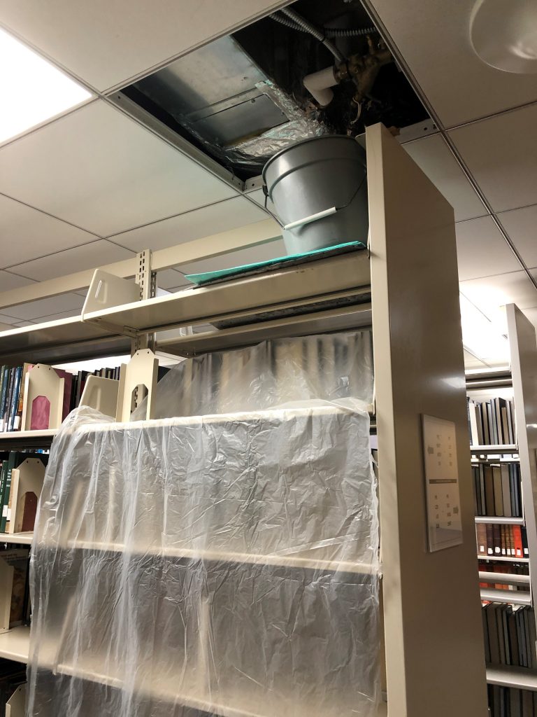 library shelving under a ceiling leak
