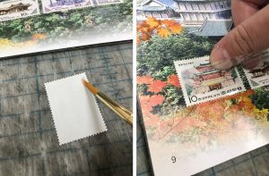 Two photos side by side. The photo on the left shows a brush being used to apply wheat starch paste to the top edge of the back of a stamp. The photo on the right shows the stamp being placed back into its mylar slip and adhered to the page.