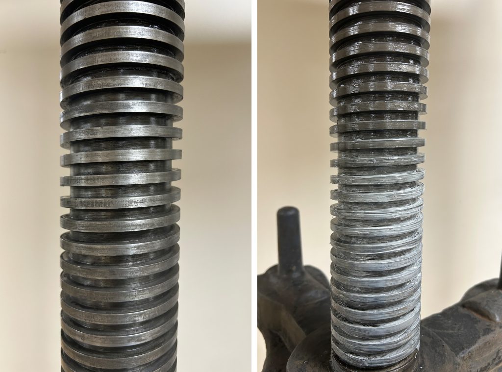 side by side images of the press screw after cleaning and then with new lithium grease applied