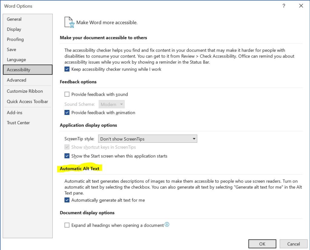Accessibility settings interface in MS Word, highlighting the checkbox to turn on automatic alt text generation