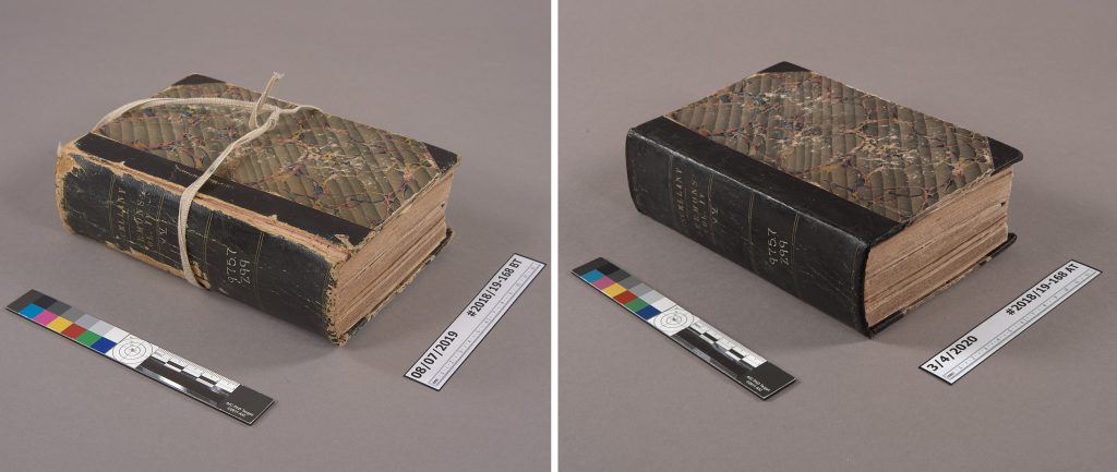 Two photos of the same book in 3/4 view before and after treatment. Color checker and label positioned in the photo by the book. 