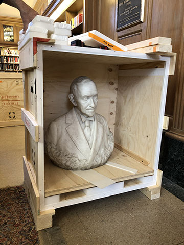 Marble statue of Benjamin Duke in a custom shipping crate.