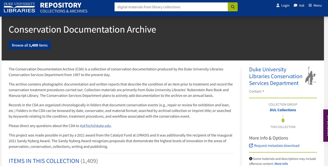 Duke Library Conservation Documentation Archive webpage header.