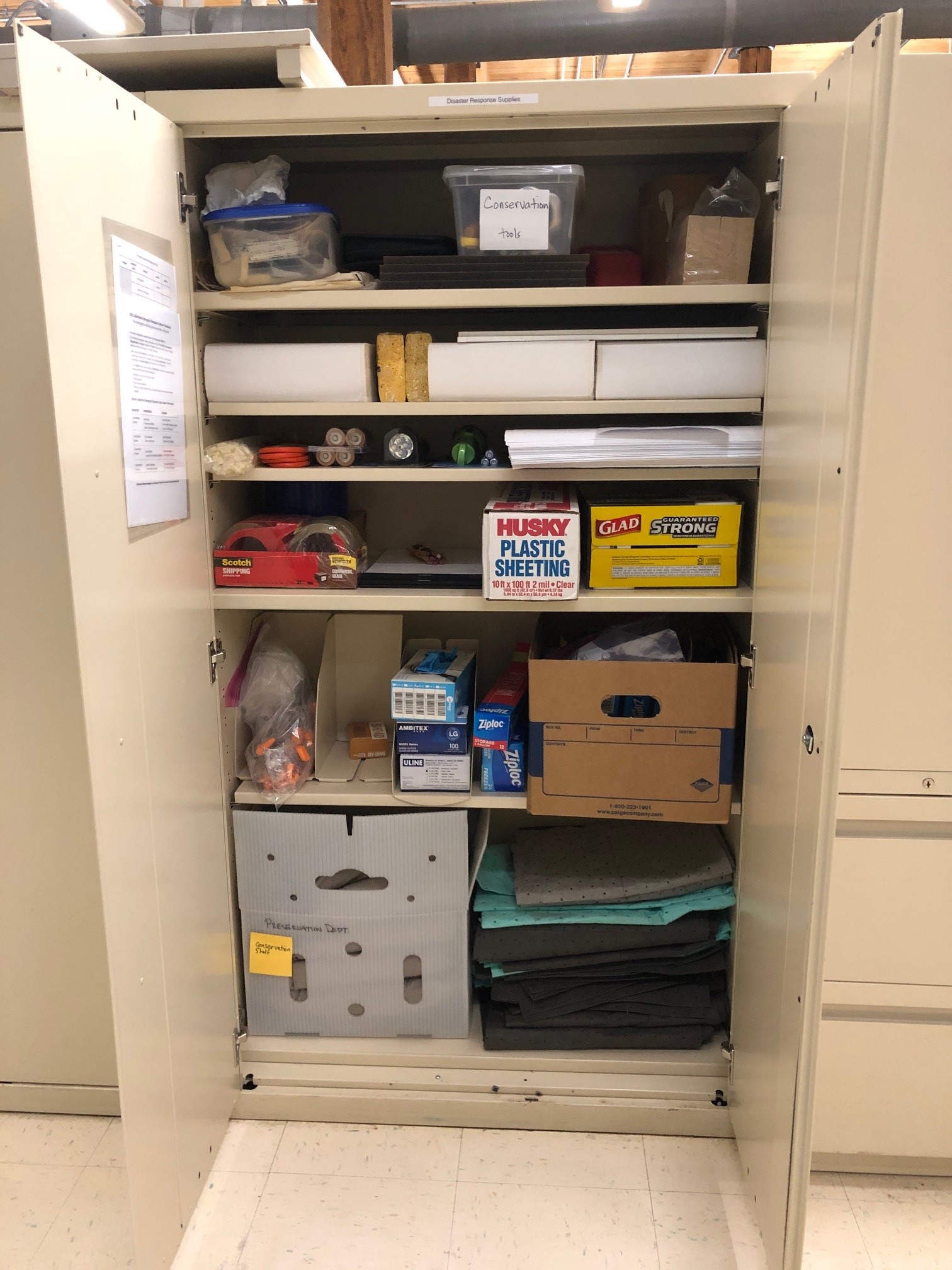 Disaster supply cabinet at central campus location.