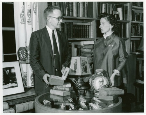 Mary Duke Biddle Trent Semans with Curator of Rare Books Thomas M. Simkins.