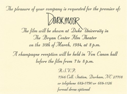 Invitation to Darkmoor premiere, March 30, 1984.