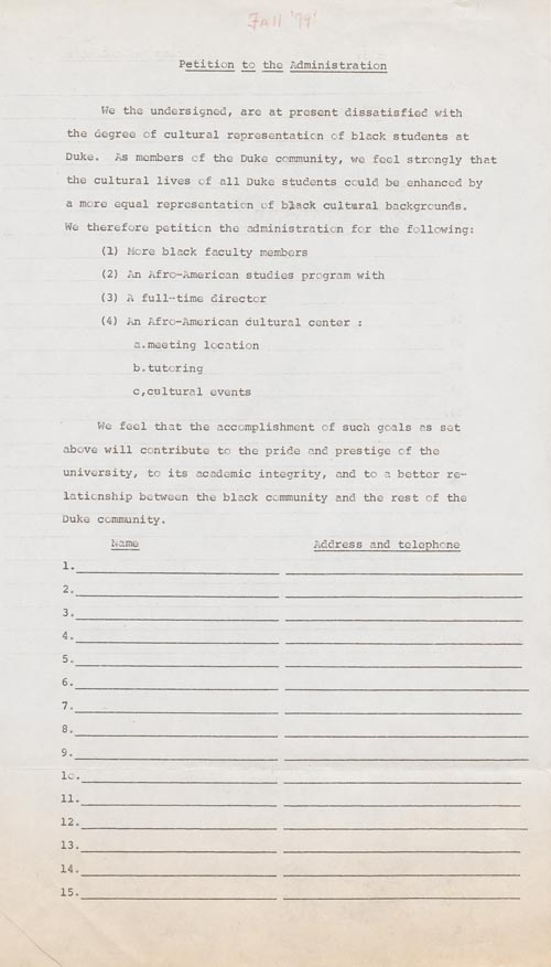 Draft Petition to Duke Administration Regarding Cultural Representation of the Black Community, 1979