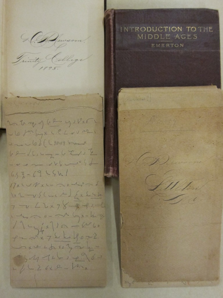 Newsom's diary, in bottom left, with Trinity textbooks from the 1890s.