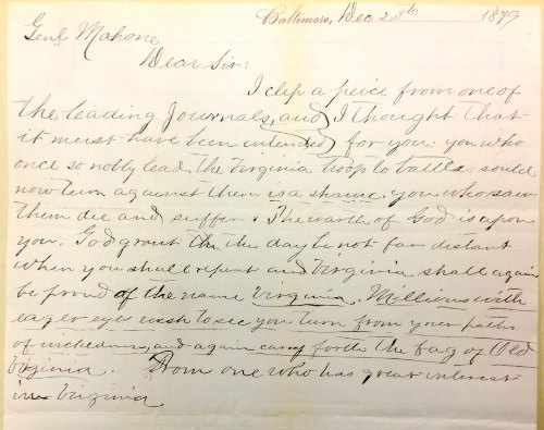 Letter in William Mahone Papers 1853-1895, Box 17, folder 1879, Dec. 16-20.