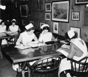 Nursing students study in the School of Medicine Library. Courtesy of the Duke University Medical Center Archives.