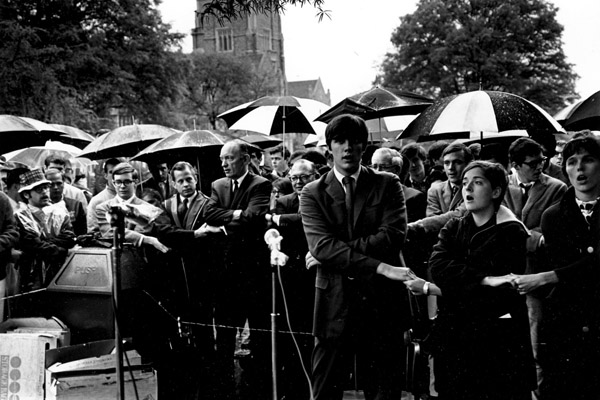 The Duke Vigil was a silent demonstration at Duke University, April 5 - 11, 1968, following the assassination of Dr. Martin Luther King. Up to 1,400 students slept on the Chapel Quad, food services and housekeeping employees went on strike, and most students boycotted the dining halls in support of the employees. Duke University Archives, University Archives Photograph Collection, box 54.