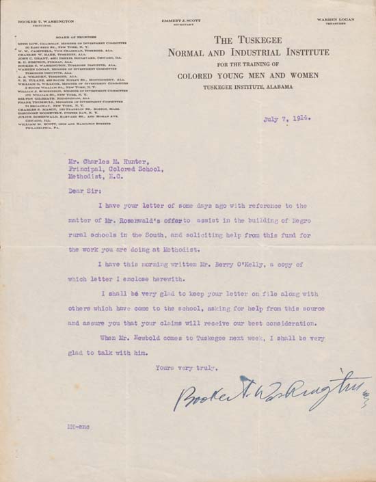 Letter, Booker T. Washington to Charles N. Hunter, July 7, 1914.  Charles N. Hunter Papers