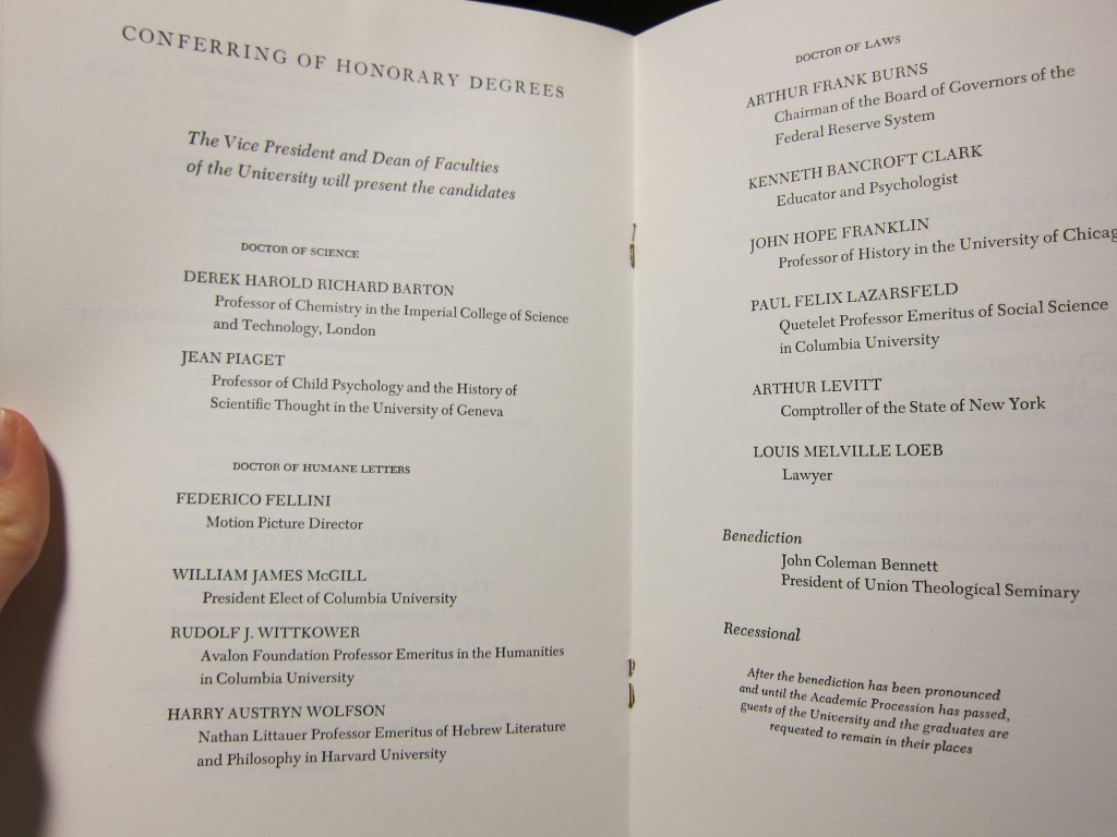 Commencement program for Columbia University, June 2, 1970.