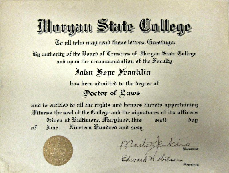 Franklin's honorary degree from Morgan State College, 1960.