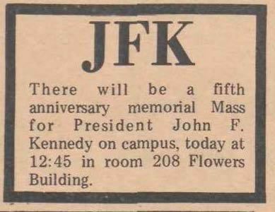 Notice of memorial mass at the 5th anniversary of President Kennedy's assassination, The Chronicle, November 22, 1968.