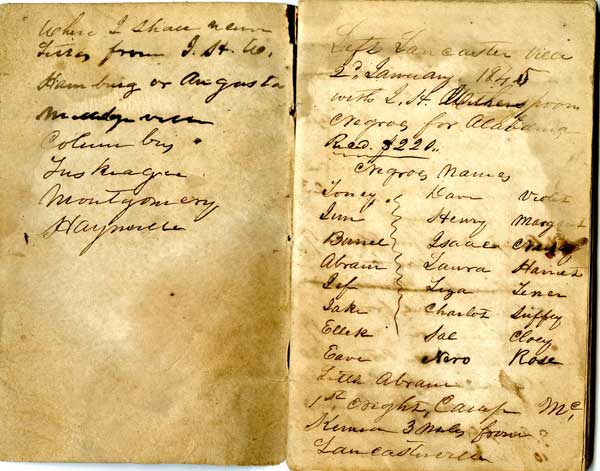 The notebook of a slave transporter who delivered twenty-five slaves from Lancaster, South Carolina to Montgomery, Alabama in 1845.