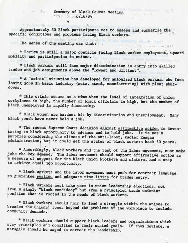 This list of observations drawn up by the Black Caucus, a labor group focused on African American workers, in 1984 laid out the tremendous barriers facing black workers twenty years after the civil rights movement.