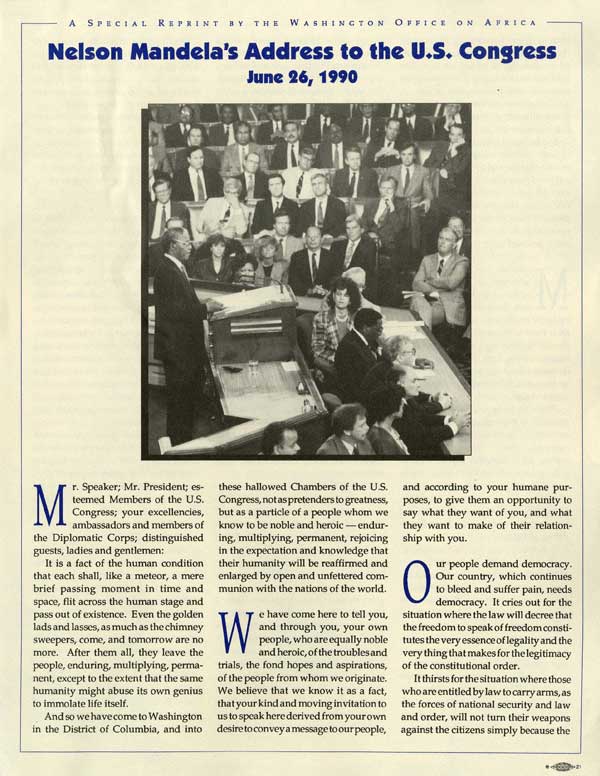 “Nelson Mandela’s Address to the US Congress,” article June 1990, Leroy T. Walker Africa News Service Archive 