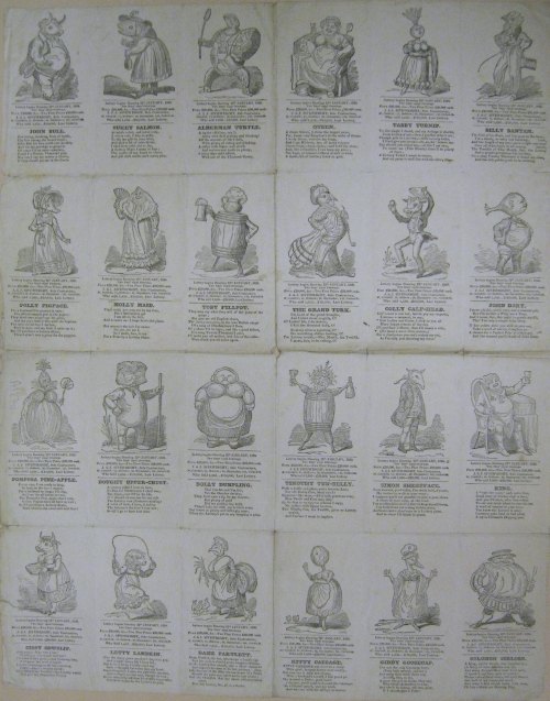 Uncut sheet of lottery puffs featuring Twelfth Night characters by George Cruikshank, 1820.