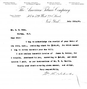 1894 letter from Benjamin N. Duke papers