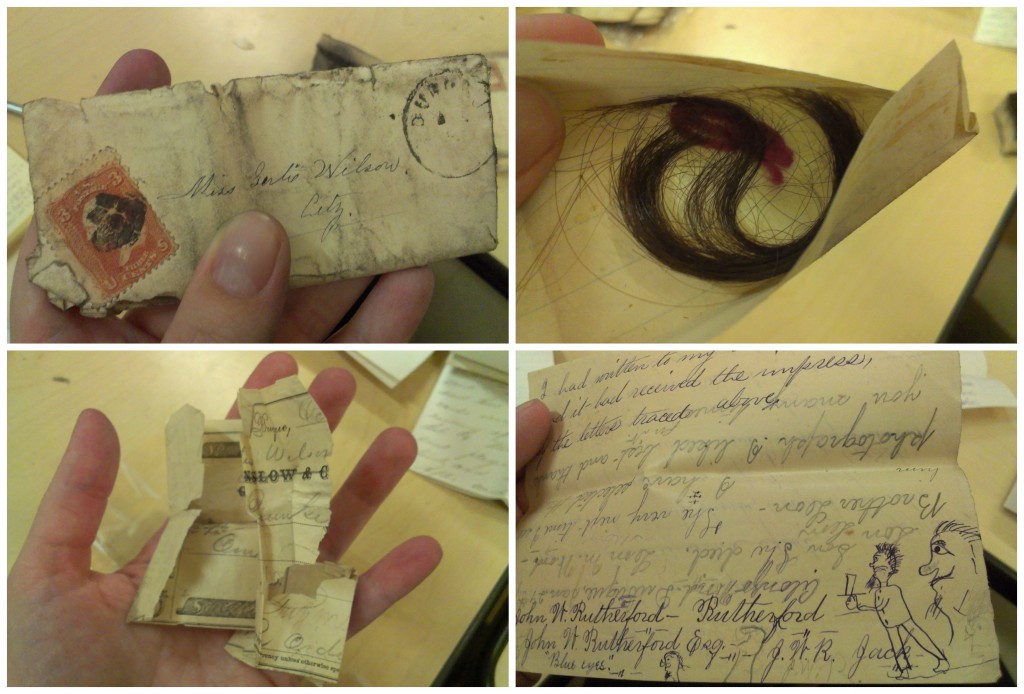 Tiny letters for Gertie from her fellas; a lock of Gertie's hair returned after a break-up; crumpled up love-note; Gertie's doodles of a former suitor's name