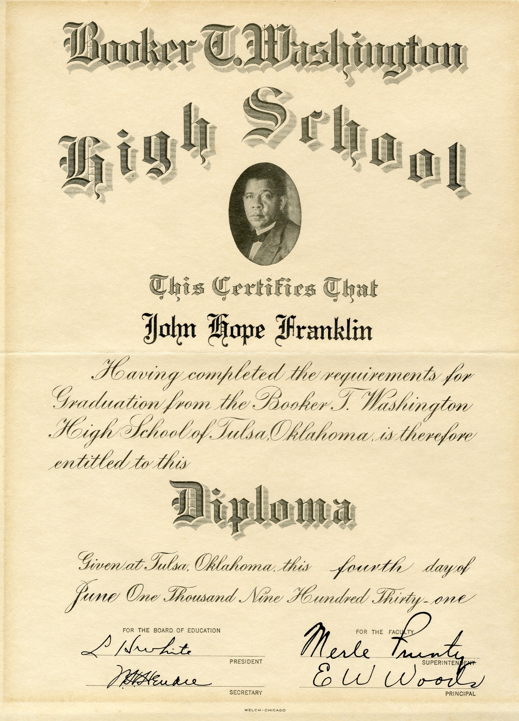 John Hope Franklin's diploma from Booker T. Washington High School in Tulsa, OK, 1931