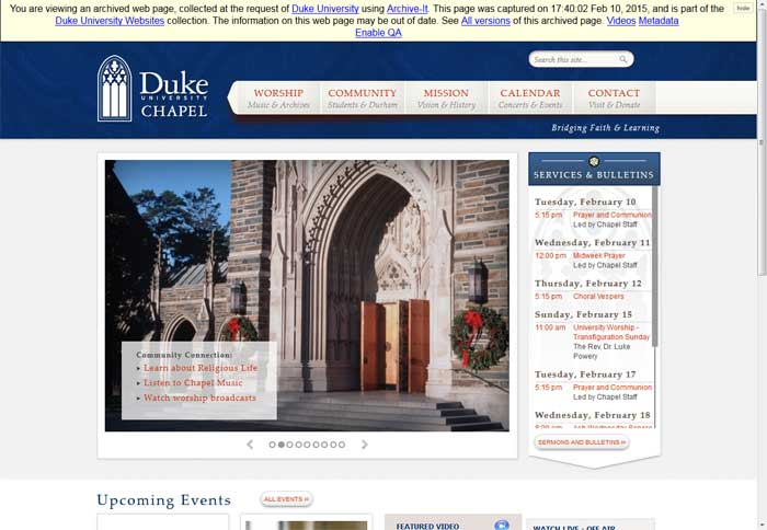 Duke University Chapel homepage, 2015