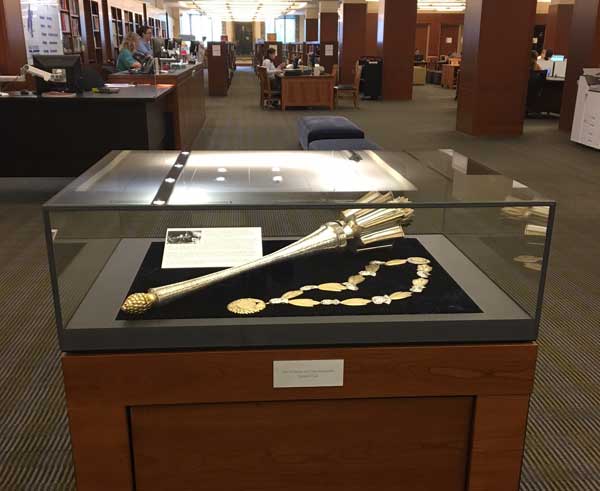 Photo of mace and chain on display in Perkins Library exhibit case.