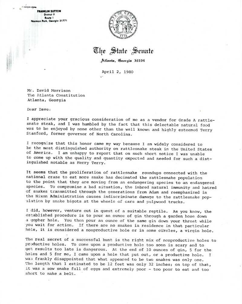 Page one of letter from Georgia State Senator Franklin Sutton to David Morrison