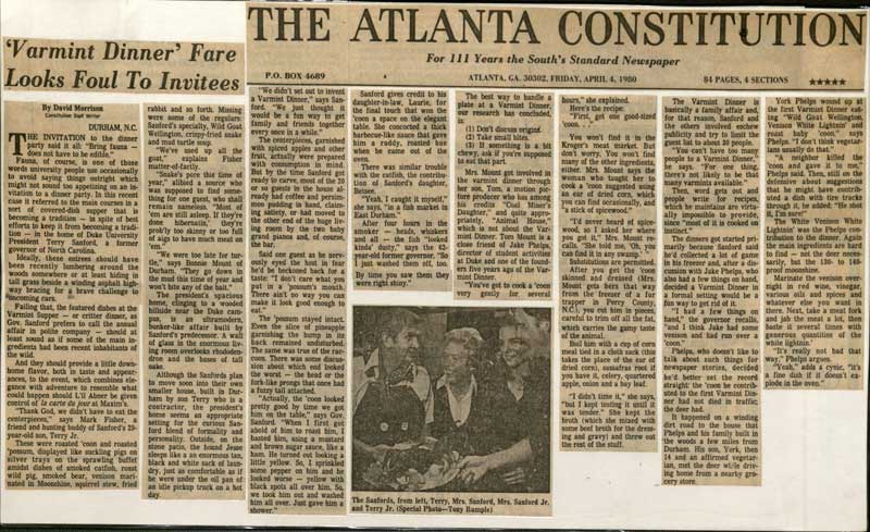 Copy of the April 4, 1980 Atlanta Constitution article about the Varmint Dinner