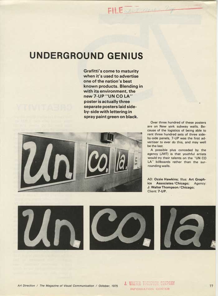Brief article about Seven-Up Uncola grafitti posters