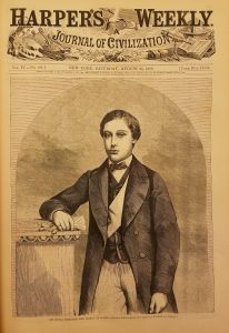 Scan of the Cover of Harper's Weekly magazine. Below the masthead is a wood engraving portrait of the Prince of Wales. He is show from the mid-thigh up, leaning against a short pillar on his right, holding a pair of gloves in his right hand.
