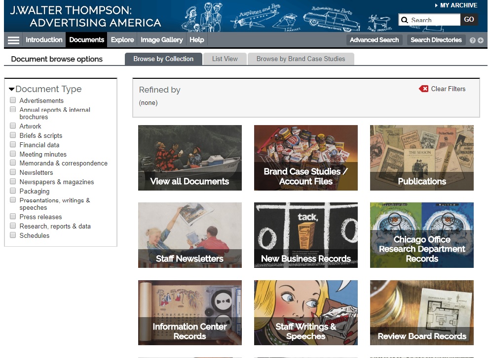 "Browse by Collection" page for J. Walter Thompson: Advertising America research database.