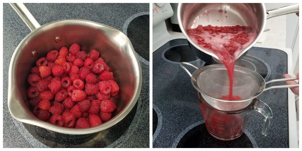 two photographs: the first of fresh raspberries in a saucepan on a stove top, the second of cooked raspberries in the saucepan being poured through a strainer into a glass measuring cup.