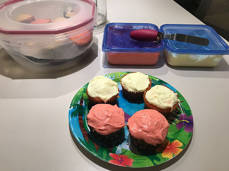 Color photo of plated finished cupcakes.