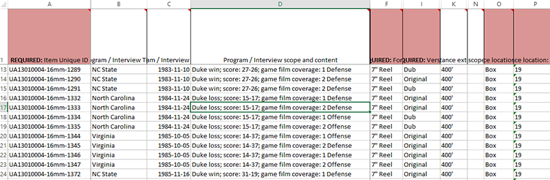 Screenshot of the Excel spreadsheet with metadata about the football game films