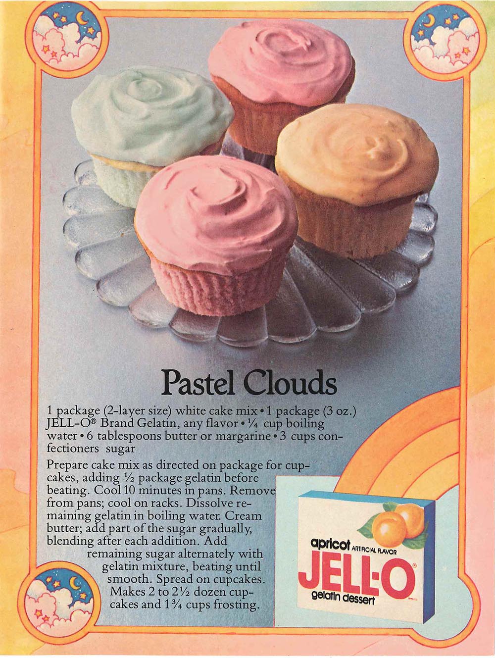 Page with recipe for Pastel Clouds, showing four finished cupcakes in pink, orange, and green.